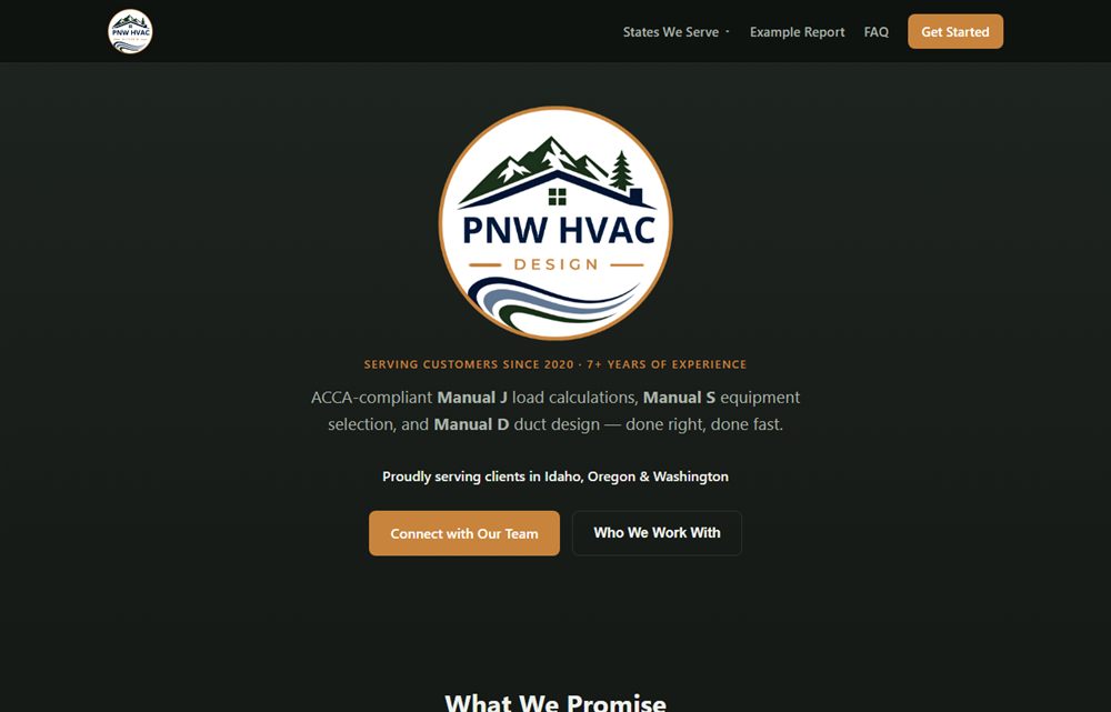 PNW HVAC Design website homepage